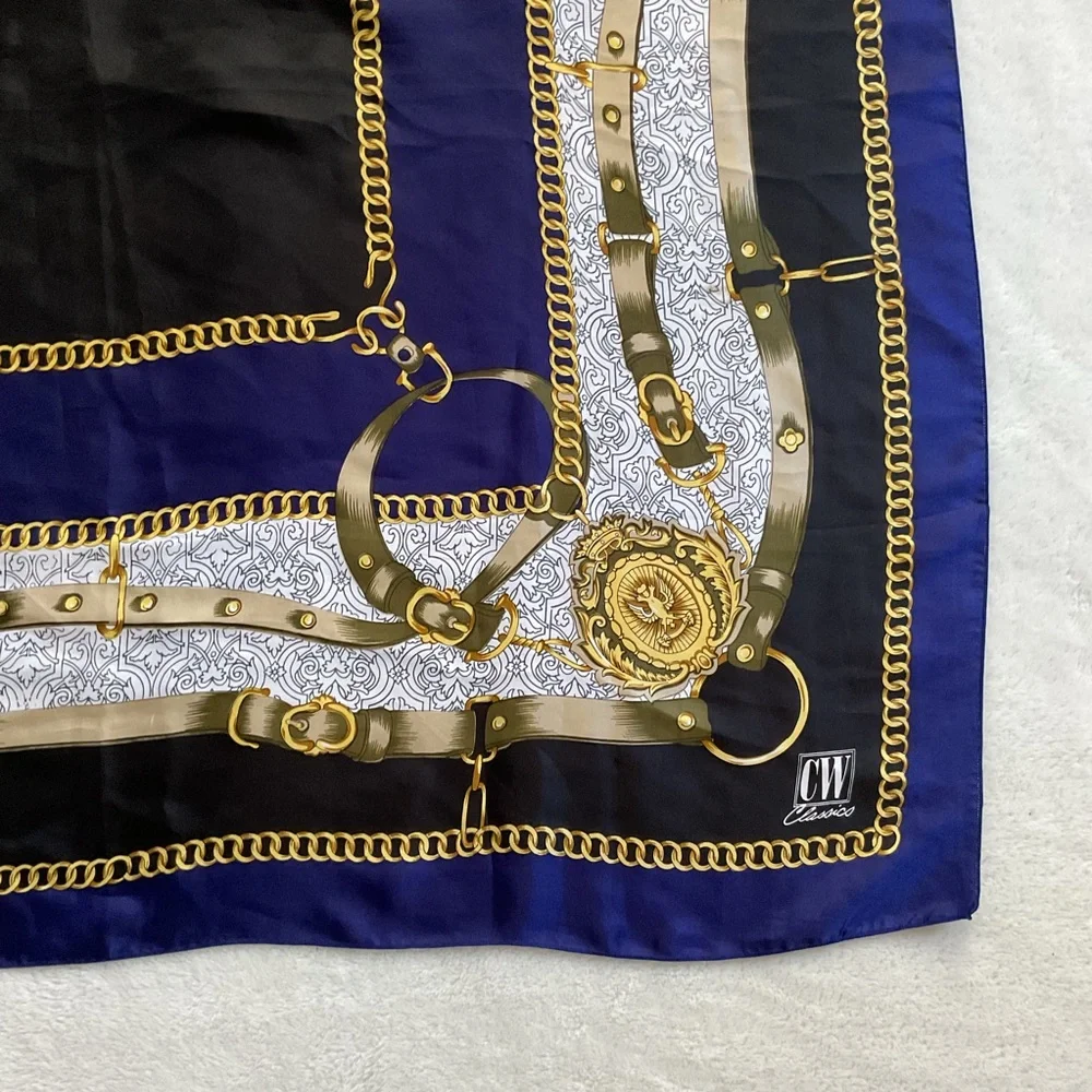 Vintage Equestrian Chain Medallion Scarf 36” Square Navy Gold Silk Feel